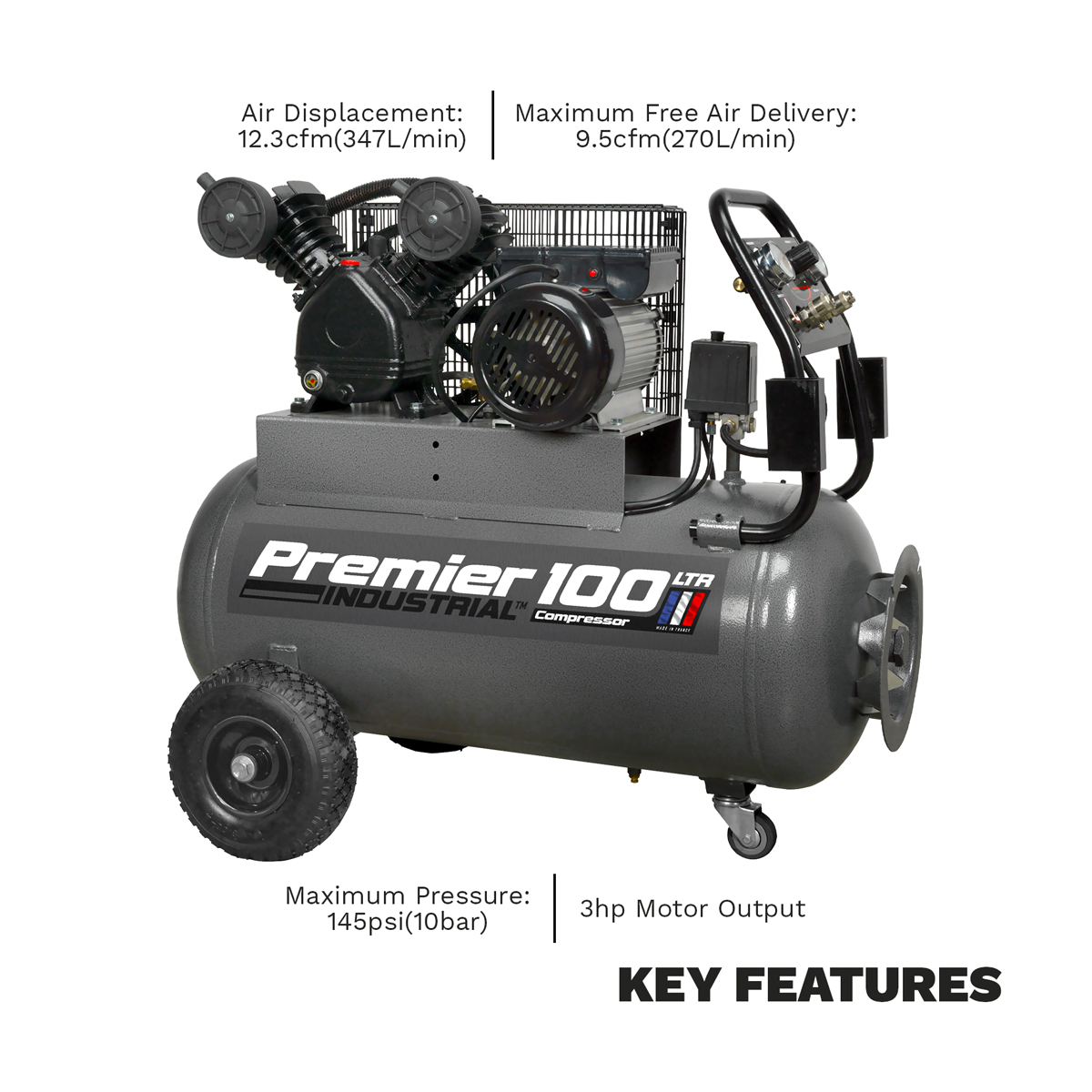 Premier 100L Belt Drive Air Compressor with Front Panel, 3hp (SAC3103B) (Factory Refurbished B)