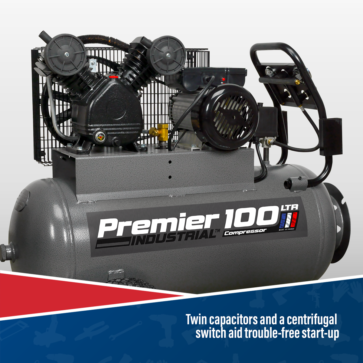 Premier 100L Belt Drive Air Compressor with Front Panel, 3hp (SAC3103B) (Factory Refurbished B)