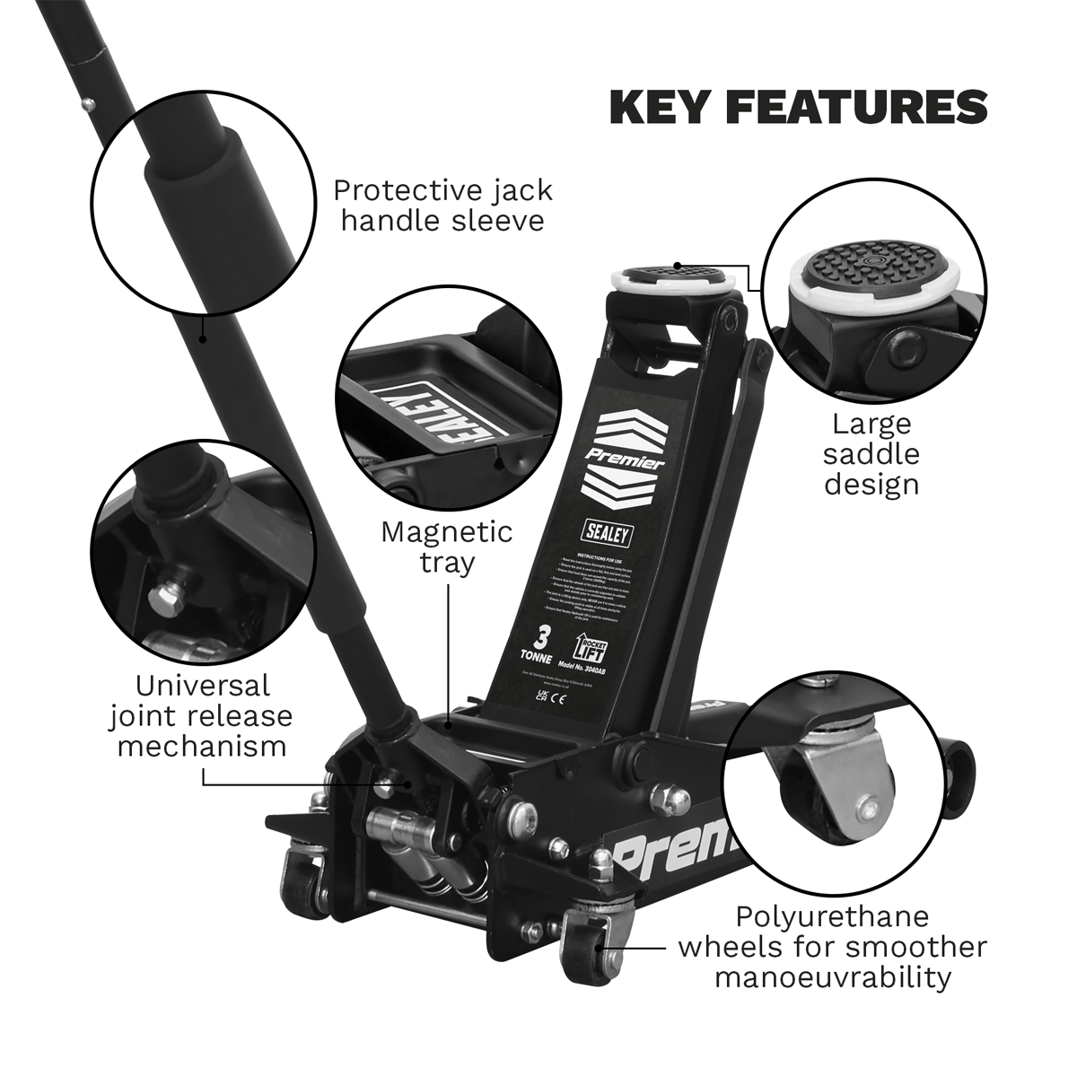 Premier Low Entry Trolley Jack with Rocket Lift, 3 Tonne, Black (3040AB) (Factory Refurbished C)