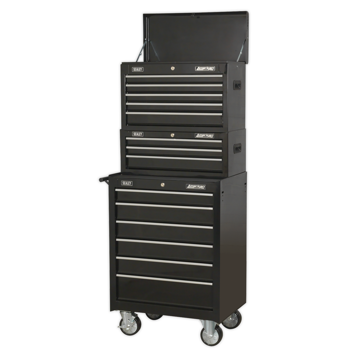 American PRO® Topchest, Mid-Box Chest & Rollcab Stack, 14 Drawer, Black (AP22BSTACK) (Factory Refurbished A)