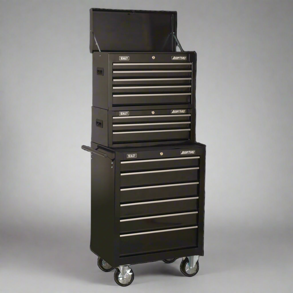 American PRO® Topchest, Mid-Box Chest & Rollcab Stack, 14 Drawer, Black (AP22BSTACK) (Factory Refurbished A)