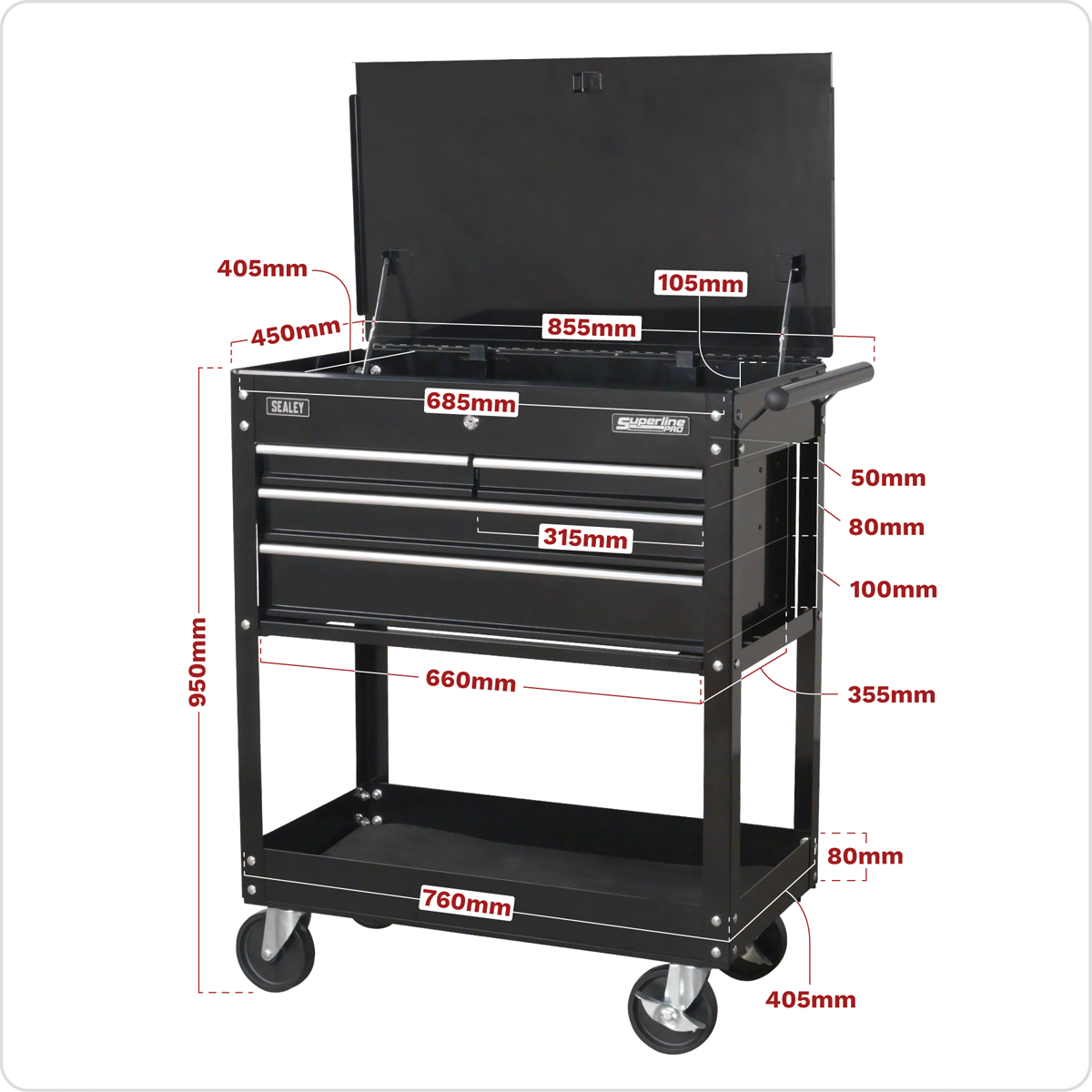 Superline PRO® Heavy-Duty Mobile Tool & Parts Trolley, 4 Drawer, Black (AP850MB) (Factory Refurbished C)