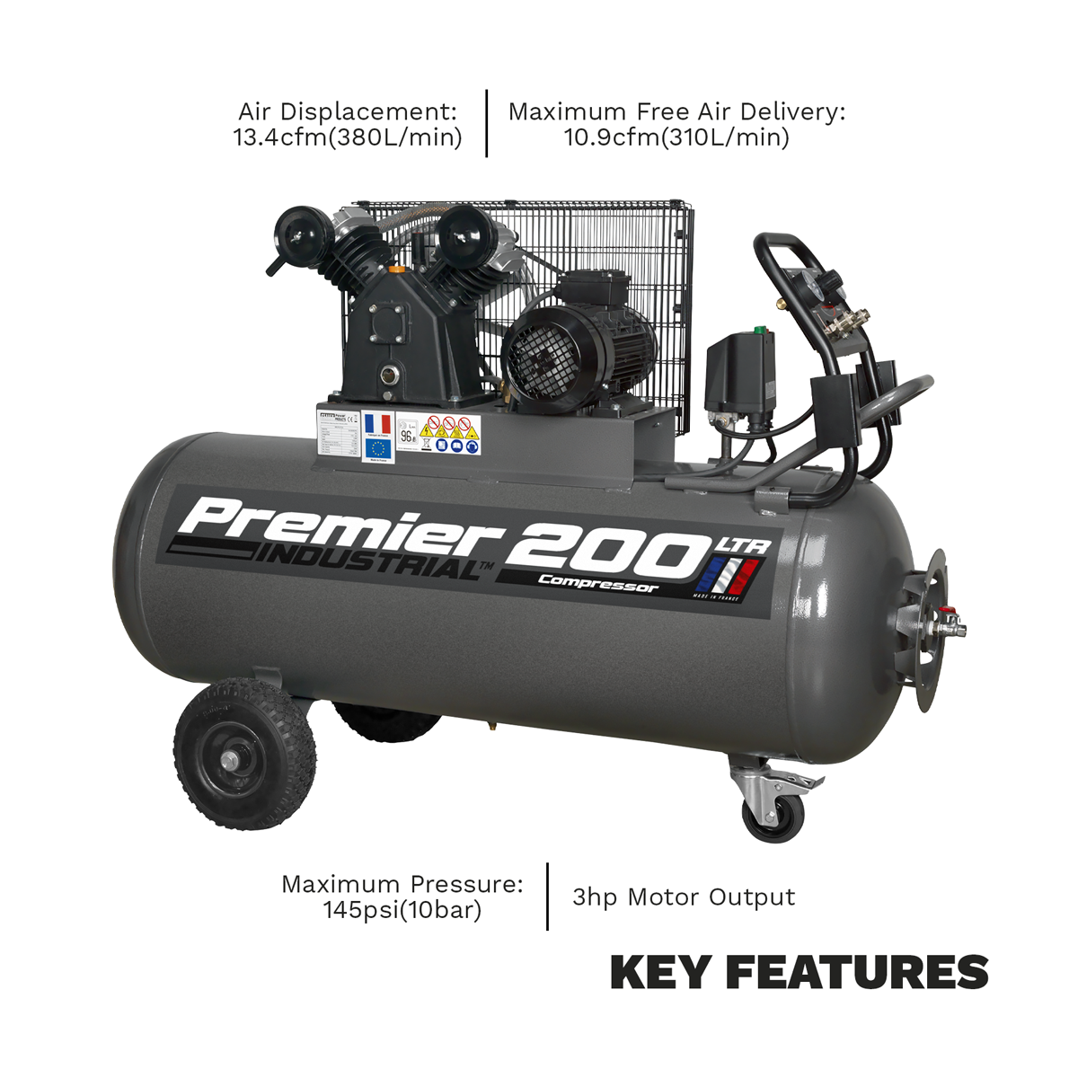 Premier 200L Belt Drive Air Compressor with Front Panel, 3hp (SAC3203B) (Factory Refurbished B)