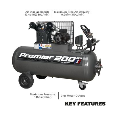 Premier 200L Belt Drive Air Compressor with Front Panel, 3hp (SAC3203B) (Factory Refurbished B)
