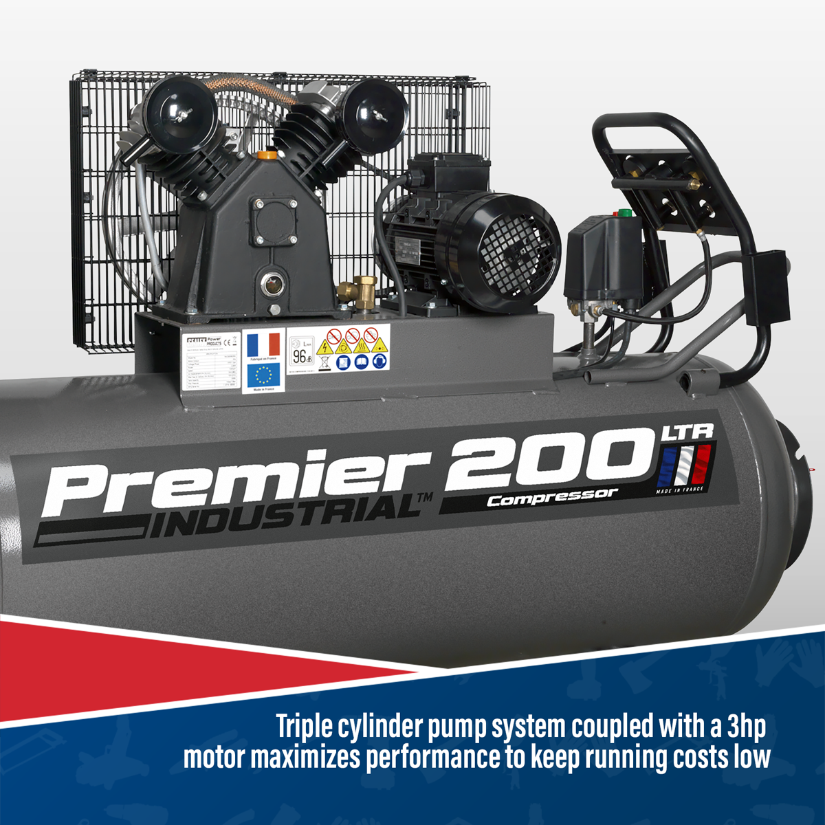 Premier 200L Belt Drive Air Compressor with Front Panel, 3hp (SAC3203B) (Factory Refurbished B)