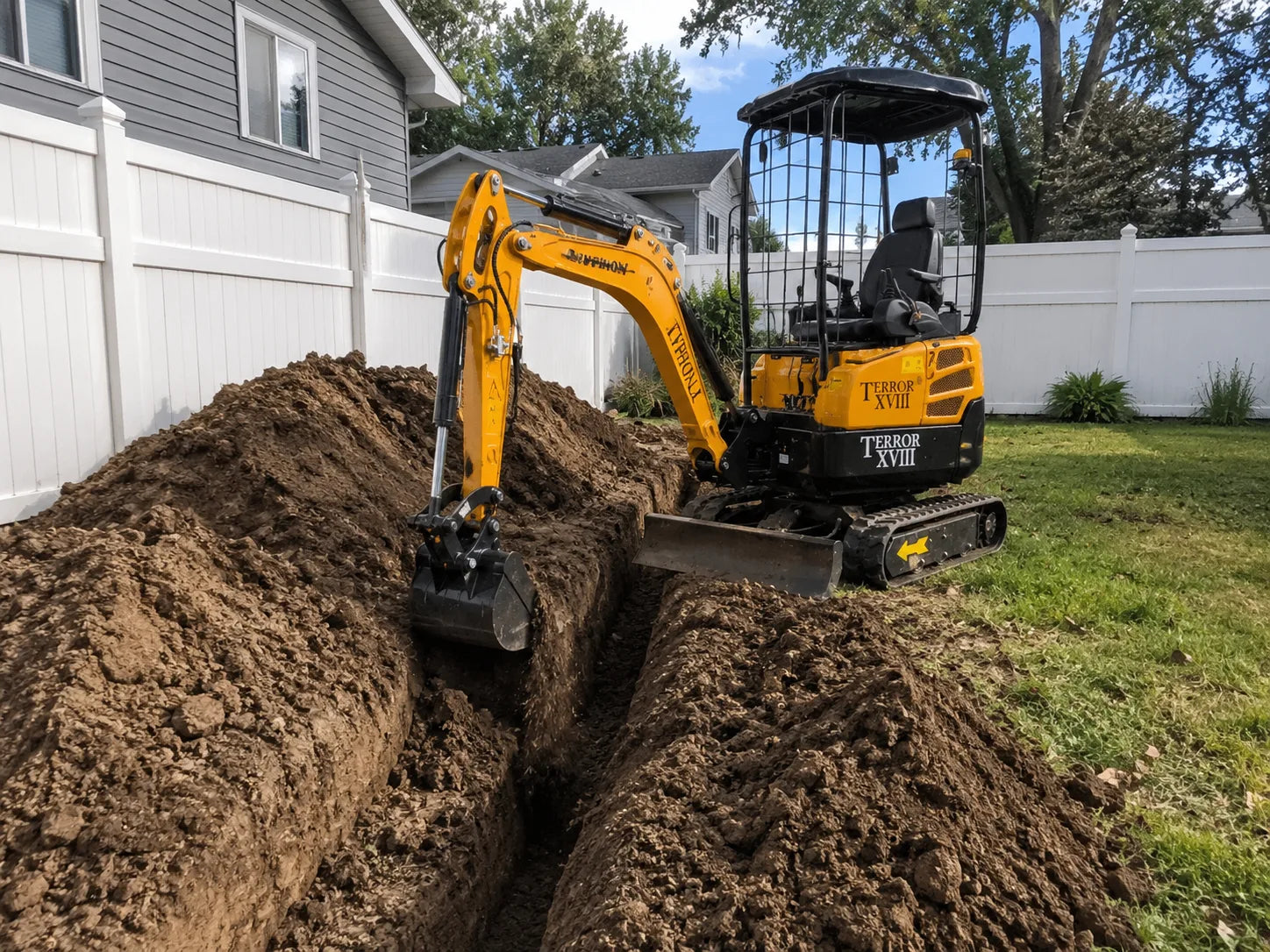 TYPHON TERROR XVIII mini excavator digging a drainage trench in a backyard