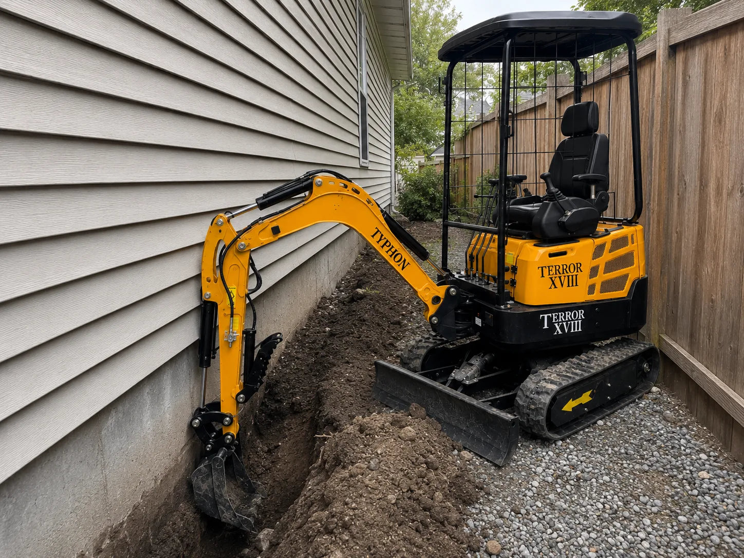 TYPHON TERROR XVIII mini excavator working in a narrow residential side yard